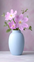 Wall Mural - Pastel pink magnolia flowers in light blue vase on a textured surface