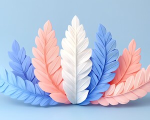 Wall Mural - Pastel feathers arranged on light blue background. Mockup for cosmetic products or spring designs