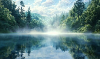 Wall Mural - serene lake surrounded by dense pine forests, with mist rising from the water's surface, reflecting the trees and creating an ethereal atmosphere. 