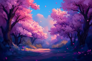 Wall Mural - Pink blossoming trees line a path; petals falling, clouds drift. Use romantic background