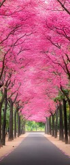 Poster - Pink Blossoms line Path in Park, trees flowering, path leading away. For travel, romantic, or nature uses