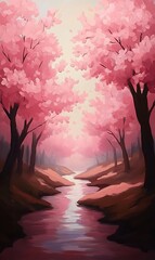 Wall Mural - Pink blossoms surround stream; spring nature scene. Possible wallpaper, romantic backdrop