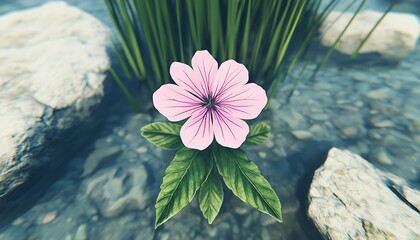 Wall Mural - Pink flower grows in stream with rocks and green plants behind for peace and serenity images