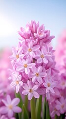 Canvas Print - Pink hyacinth bloom closeup, outdoor field. Blossoms blur background. Spring floral display