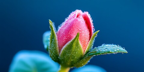 Poster - Pink Rosebud with drops, close-up, against blue background. Use beauty, nature, garden, spring, love