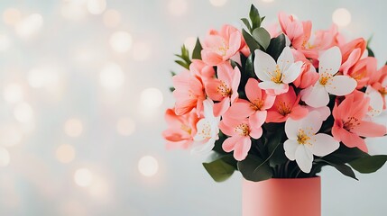 Wall Mural - Pink&white blossoms in vase, bokeh background. For gift card