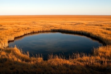 Wall Mural - Pond reflects clear sky in field for brochure background