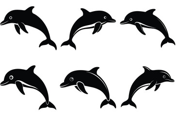  Dolphin jump silhouettes, playful dolphins silhouette vector set