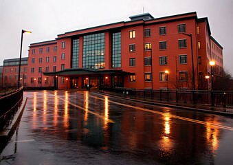 Wall Mural - Red building entrance lights reflected on wet asphalt. Potential use Urban design, Architecture, Travel