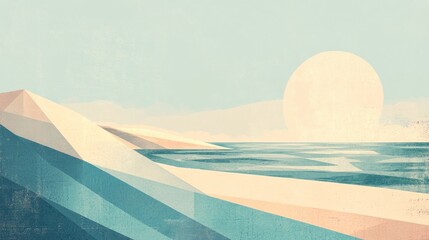 Wall Mural - A serene landscape featuring geometric mountains, ocean waves, and a large sun.