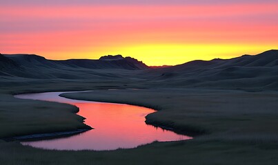 Poster - River curving through grassy hills during golden sunset for travel, nature, or scenic backgrounds