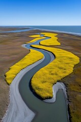 Sticker - River meanders through coastal marsh; flowers bloom; aerial view for environmental report/article