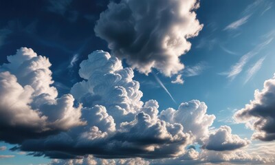 dramatic lighting enhances a vibrant blue sky with dramatic cloud formations , high contrast, deep s