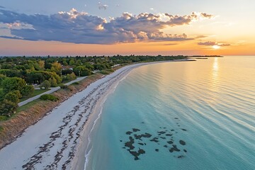 Wall Mural - Sandy beach with turquoise sea at sunset. Aerial view. Houses and trees in background. Promo or editorial use