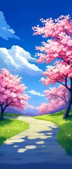 Poster - Scenic path winds through cherry blossoms. Use romantic getaway ad, nature blog