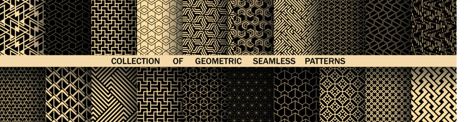 Wall Mural - Geometric set of seamless black and golden patterns. Simple vector graphics