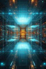 Poster - A futuristic digital tunnel with glowing blue and orange lights, creating a sense of depth and motion through a virtual space