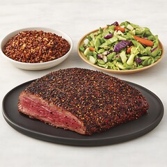 Wall Mural - Seared Steak, Quinoa and Salad meal presented on a black plate. Healthy eating concept for advertising