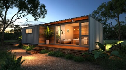 Wall Mural - Cozy Modern Cabin at Dusk Surrounded by Trees and Greenery