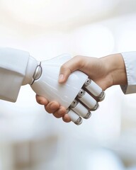 Poster - A human hand shakes a robotic hand, symbolizing collaboration between technology and humanity.