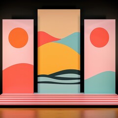 Poster - A vibrant abstract design featuring colorful panels with sun motifs and wavy landscapes, creating a modern artistic display.