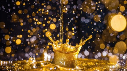 Poster - A stunning close-up of a golden liquid splash, creating a beautiful crown shape amidst shimmering droplets and a dark background.