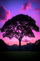 Wall Mural - Silhouette of a tree at dusk in a field. Clouds are visible in the pink sky, suitable for backgrounds