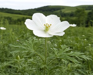 Wall Mural - Single white flower blooms, meadow background, natural landscape. Possible use serenity, wellbeing