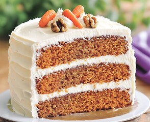 Wall Mural - Slice of carrot cake topped with nuts on plate, indoors, dessert preparation area visible