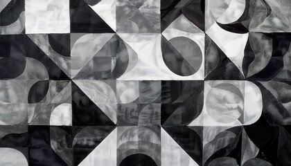 Poster - abstract geometric monochrome artwork with intersecting circles, squares, and triangular forms in black and white