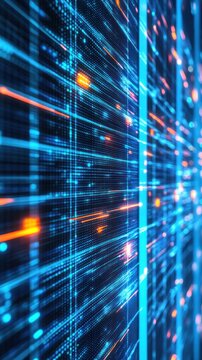 Abstract digital data flow with vibrant blue and orange lights creating a sense of movement in a futuristic environment