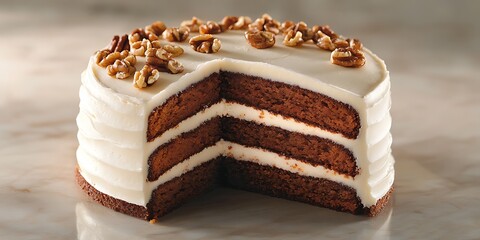 Wall Mural - Sliced layered cake with nuts and icing. Dessert for celebrations on marble table