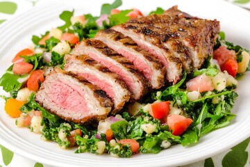 Wall Mural - Sliced Steak and Kale Salad on Plate; Fresh, Healthy Meal in Kitchen Setting for Food Blog Post