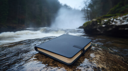 waterproof notebook resting on rock by flowing river