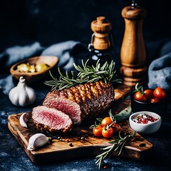 Wall Mural - Sliced Steak with rosemary, tomatoes on board with condiments. Dark, for culinary use