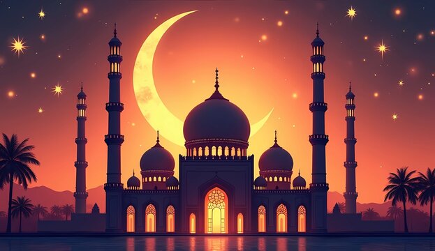 Ramadan kareem celebration with islamic symbols. Eid mubarak greeting card. Generate AI