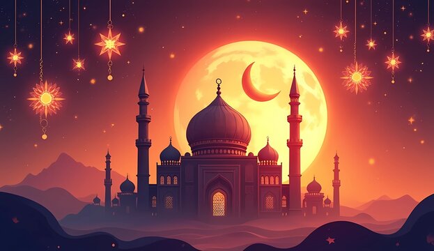 Ramadan kareem background with mosque, moon and sparkling lights illustration. Ramadan celebration banner with traditional Ramadan symbols