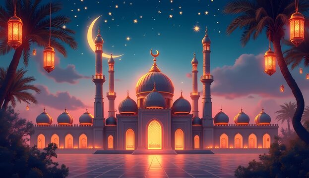 ramadan kareem banner with mosque, moon and glittering ramadan lights decoration. ramadan celebration with islamic symbols. eid mubarak greeting card