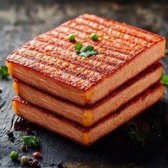 Wall Mural - Stacked grilled meat on dark surface; garnish, textured. Food presentation for restaurant menu, blog post