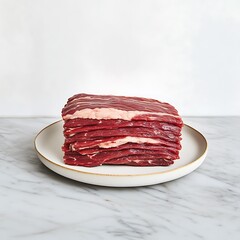 Wall Mural - Stacked raw beef on plate. Marble table, white background. Food prep. For recipe site/cooking guides