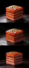 Canvas Print - Stacked meat squares shine on a wooden table against a dark background, suitable for food ads