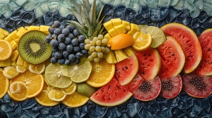 Wall Mural - Colorful fruit platter, summer vibe, ice background, healthy eating, food photography