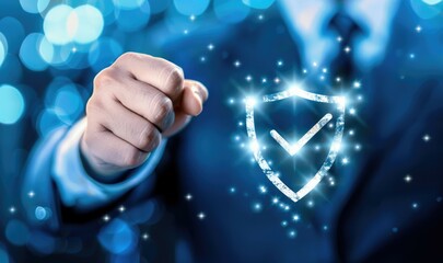 Poster - A business professional demonstrates security by presenting a glowing shield symbol with a checkmark, emphasizing trust and protection in a digital context.