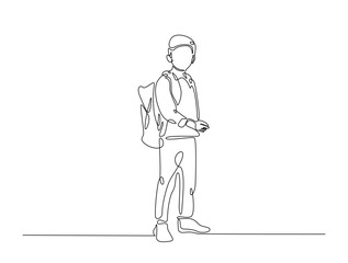 Wall Mural - Continuous line art drawing of student wearing backpack. Kid with schoolbag line art drawing vector illustration. Editable stroke.