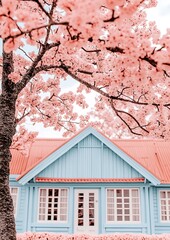 Poster - Tree blossoms above cottage house; spring scene for home decor print or travel blog backdrop