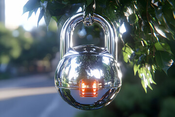 Poster - Chrome padlock, hanging tree, urban background, security concept