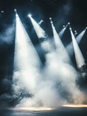 Canvas Print - Close-up of concert stage lights shining down on the ground, with white smoke coming from the spotlights.