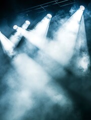 Canvas Print - Close-up of concert stage lights shining down on the ground, with white smoke coming from the spotlights.