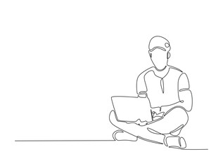 Wall Mural - Continuous line art drawing of a man sitting on the floor and working on a laptop. Person working on a laptop, freelance,remote work,study in line art drawing vector illustration. Editable stroke.