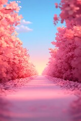 Poster - Walkway with cherry blossoms blooming under a bright sky at sunset, used for spring wallpaper